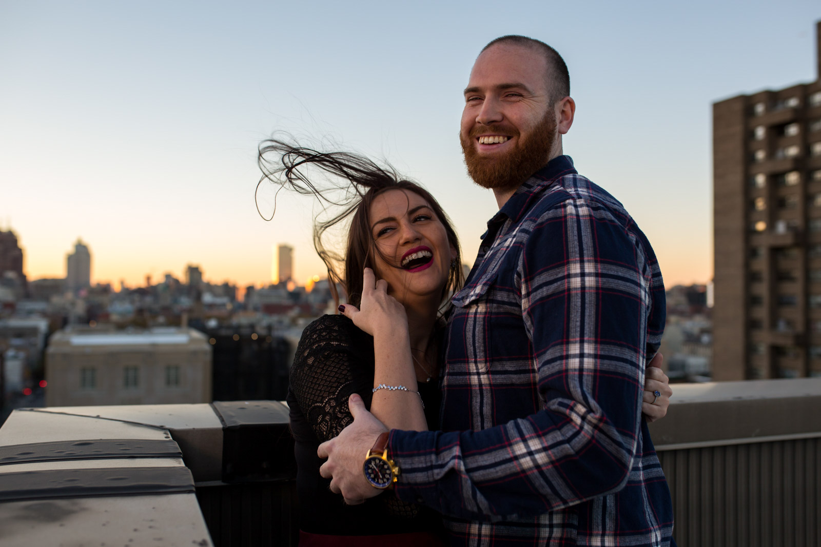 Brooklyn New York  - windy summer rooftop engagement session