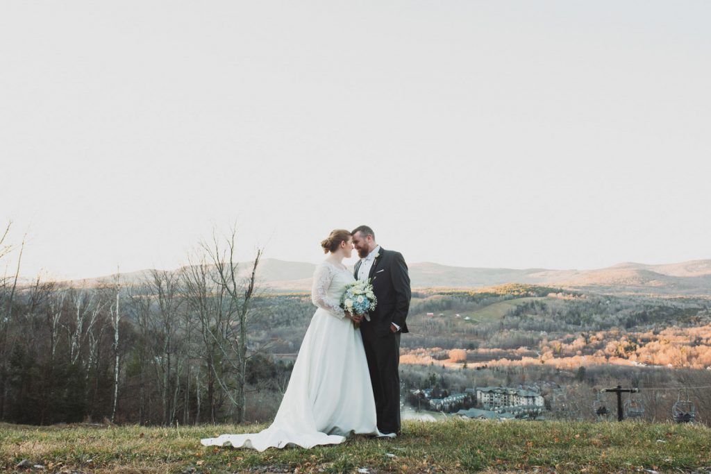 Bride and Groom portraits , winter wedding at Windham Mountain